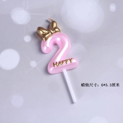 Princess Theme Number Candle Pink with Gold Bow for Birthday Cake Party Supplies TSC