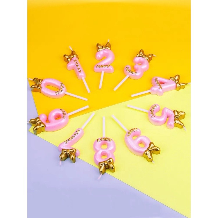 Princess Theme Number Candle Pink with Gold Bow for Birthday Cake Party Supplies TSC