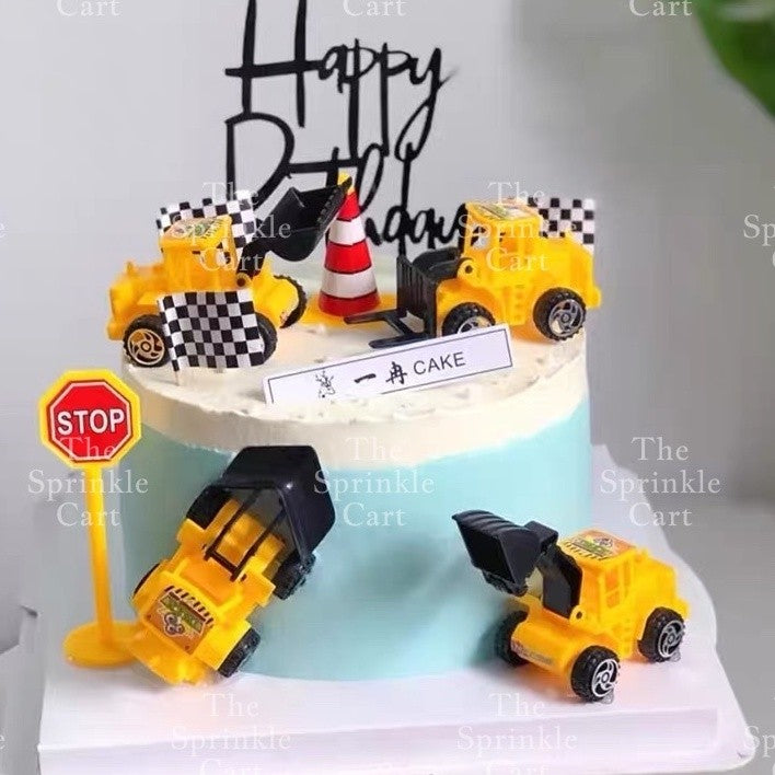 Engineering Construction Truck Tractors and Street Signages Toy Cake Topper for Boy Birthday Vehicles TSC