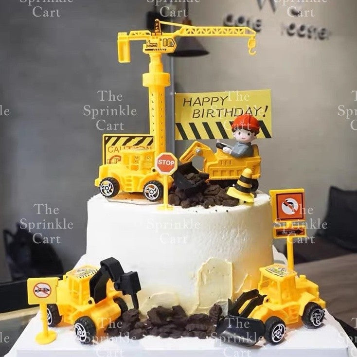 Engineering Construction Truck Tractors and Street Signages Toy Cake Topper for Boy Birthday Vehicles TSC