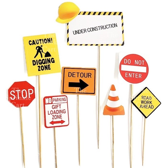 Engineering Construction Truck Tractors and Street Signages Toy Cake Topper for Boy Birthday Vehicles TSC