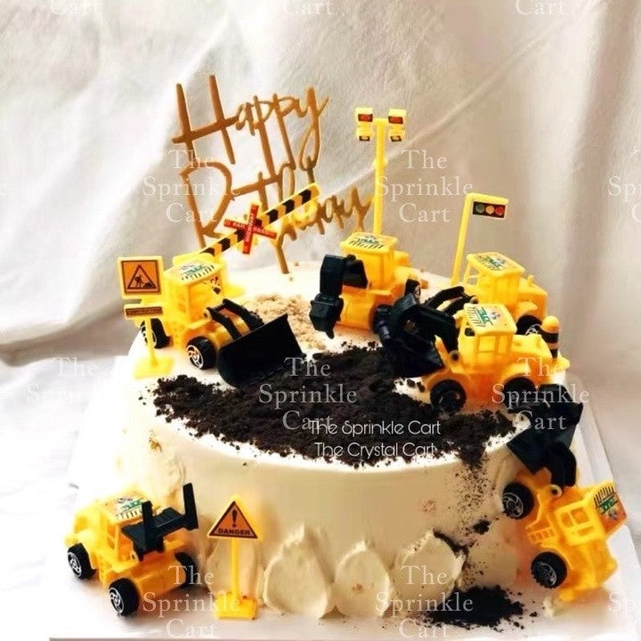 Engineering Construction Truck Tractors and Street Signages Toy Cake Topper for Boy Birthday Vehicles TSC