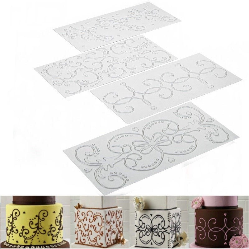 4pcs set Lattice Texture Mat Imprint Fondant Stencil Border Embosser Grid Swirl Pattern TSC