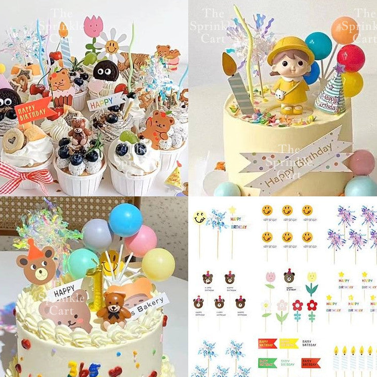 Korean Happy Birthday Cake Topper Kraft Paper Cupcake Topper for Party Decoration Baking Supplies