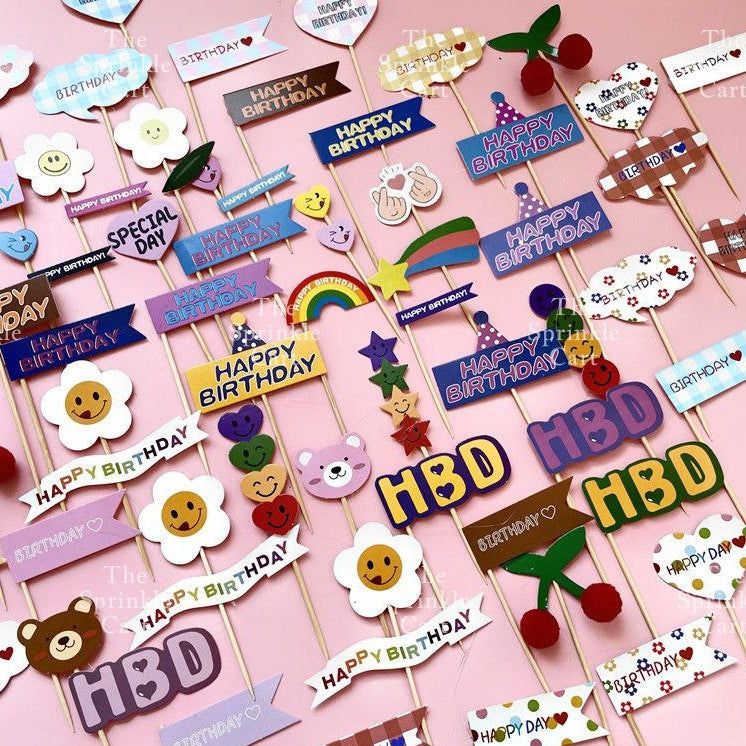 Korean Happy Birthday Cake Topper Kraft Paper Cupcake Topper for Party Decoration Baking Supplies