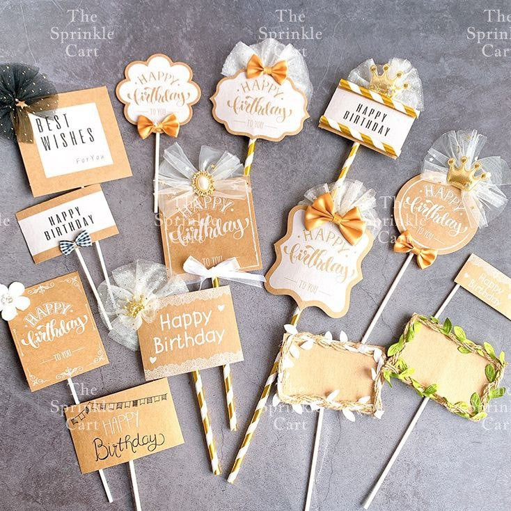 Korean Happy Birthday Cake Topper Kraft Paper Cupcake Topper for Party Decoration Baking Supplies