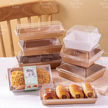 10pcs Disposable Kraft Dessert Box Packaging Square Rectangle Take Out Meal Cake Box Clear Lid TSC