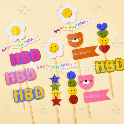 Korean Happy Birthday Cake Topper Kraft Paper Cupcake Topper for Party Decoration Baking Supplies