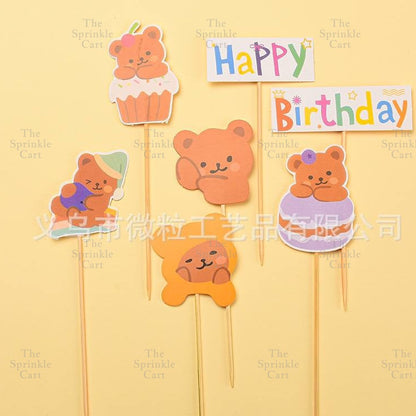 Korean Happy Birthday Cake Topper Kraft Paper Cupcake Topper for Party Decoration Baking Supplies