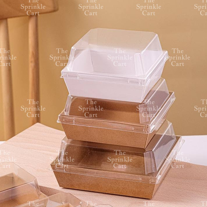 10pcs Disposable Kraft Dessert Box Packaging Square Rectangle Take Out Meal Cake Box Clear Lid TSC