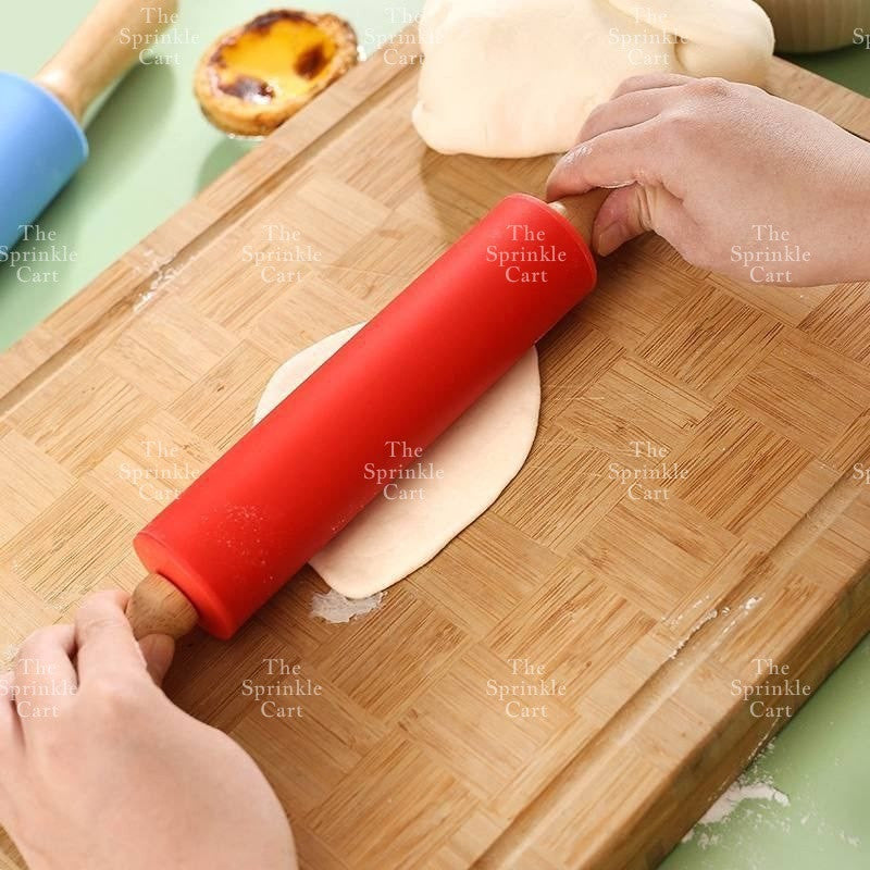 Non-stick Silicone Rolling Pin with Wooden Handle