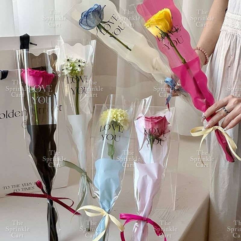 50pcs Transparent Creative Single Mermaid and Gold-edge OPP Flower Wrapper TSC