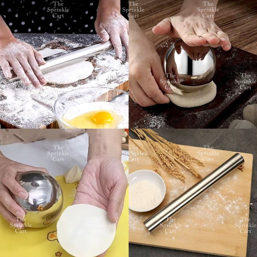 Stainless Steel Dough Rolling Pin and Wheel Pizza Cutter Spatula Baking Tools TSC