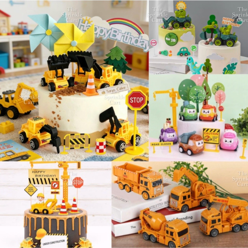 Engineering Construction Truck Tractors and Street Signages Toy Cake Topper for Boy Birthday Vehicles TSC