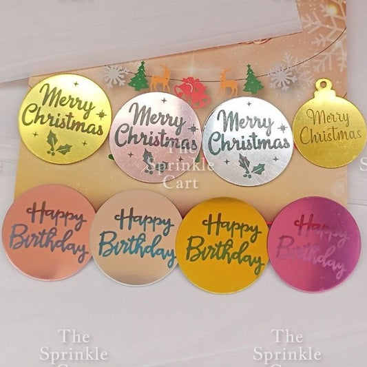 5pcs Acrylic Cupcake Topper Happy Birthday Merry CMAS Mother’s Day Round Cake Decoration