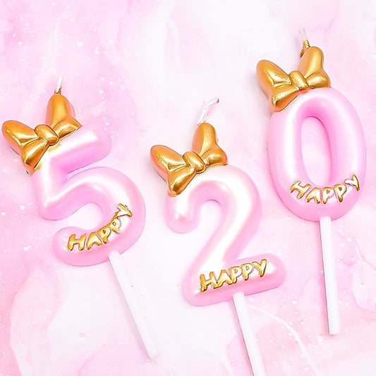 Princess Theme Number Candle Pink with Gold Bow for Birthday Cake Party Supplies TSC